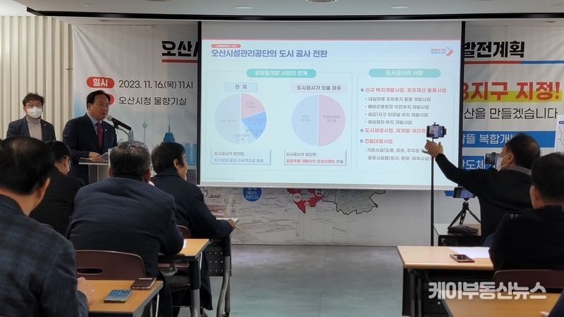이권재 시장이 오산도시공사의 조속한 출범이 필요한 이유 등을 설명하고 있다. / 김교민 기자