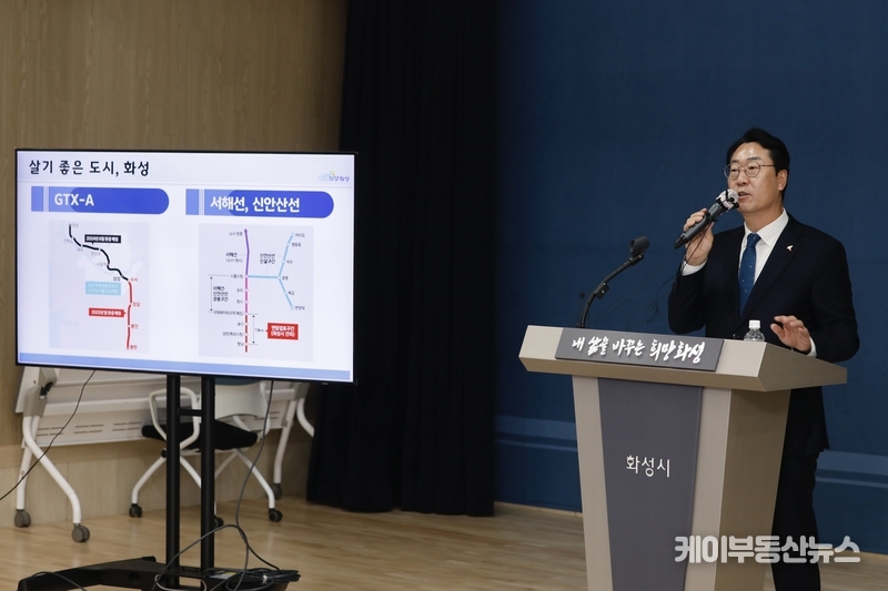정명근 화성시장이 “내년 화성 동쪽의 GTX-A 수서구간 개통과 서쪽의 서해선 개통으로 제대로 된 철도시대가 화성시에 열리게 된다”고 설명하고 있다.