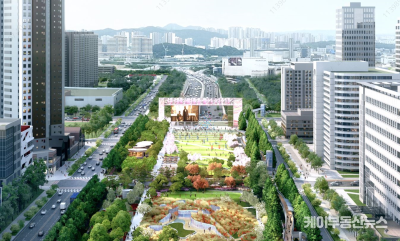경부동탄터널 위에는 동탄1·2신도시를 연결하는 보행로와 6개의 도로가 놓인다. (사진 - 상부도공원 조감도 / 화성시 제공)