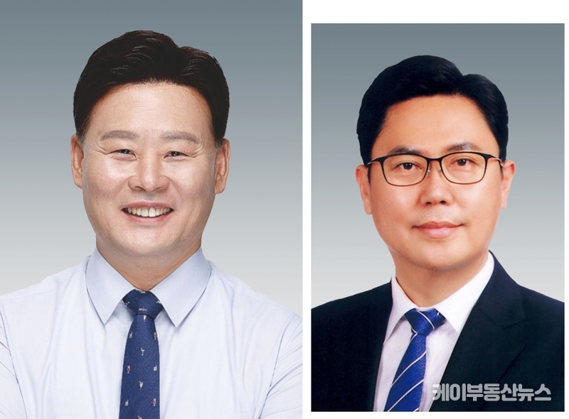 경기도의회 교섭단체 더불어민주당 최종현 대표의원(수원7, 사진 왼쪽)과 총괄수석부대표 이용욱 의원(파주3) / 김교민 기자