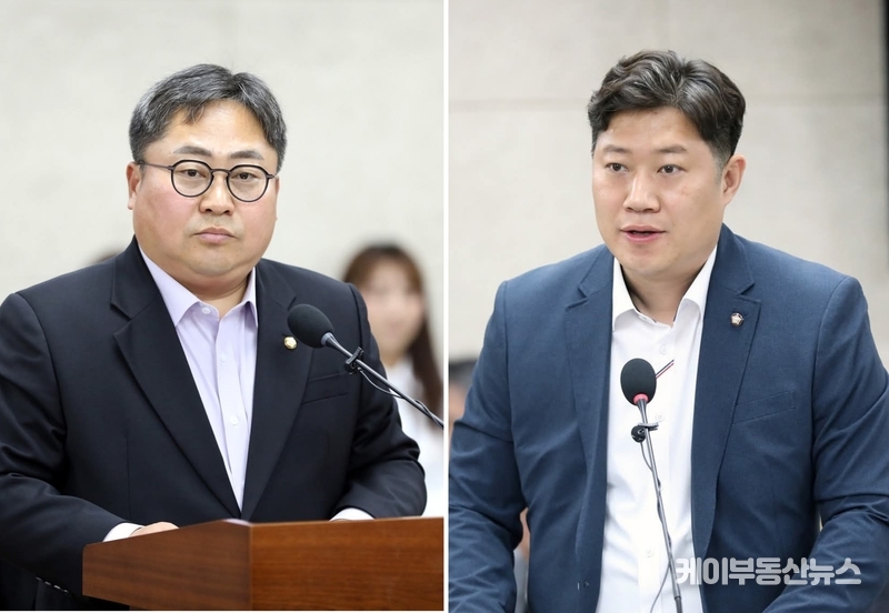 특히 상대 교섭단체인 더불어민주당이 젊은 김동은 의원을 대표로 전면에 내세우며 강공 모드에 나선 가운데, 이에 대응할 균형감 있고 안정적인 리더십 카드로 박현수 의원이 낙점됐다는 분석도 뒤따른다. (사진 왼쪽부터, 수원특례시의회 박현수 의원(4기 대표), 김동은 더불어민주당 대표의원) / 김교민 기자