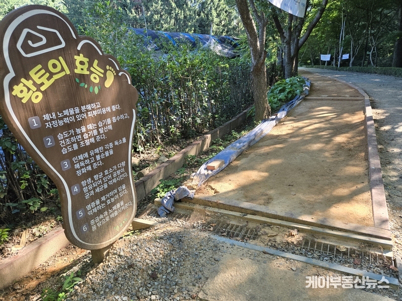 (사진 - 수원특례시 장안구 광교산 입구 '황톳길' 7월12일 오전) 황토는 마르고 굳어 먼지가 날렸고, 곳곳은 움푹 패이거나 모래가 드러나 있었다. 일부 시민은 “이건 그냥 흙길이나 모래길이지, 황톳길이라 할 수 없다”고 지적했으며, 현장 취재중 맨발로 황톳길을 걷는 시민은 단 한 명도 없었다. / 김교민 기자