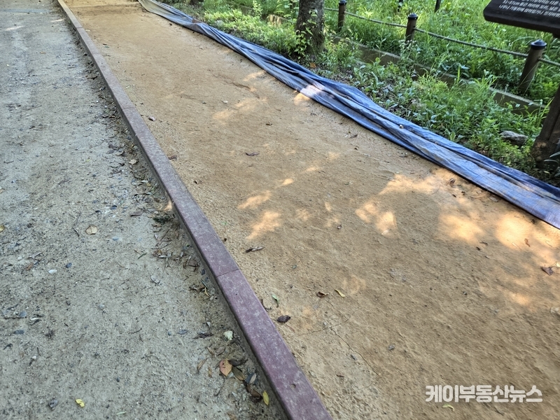 (사진 - 수원특례시 장안구 광교산 입구 '황톳길' 7월12일 오전) 황토는 마르고 굳어 먼지가 날렸고, 곳곳은 움푹 패이거나 모래가 드러나 있었다. 일부 시민은 “이건 그냥 흙길이나 모래길이지, 황톳길이라 할 수 없다”고 지적했으며, 현장 취재중 맨발로 황톳길을 걷는 시민은 단 한 명도 없었다. / 김교민 기자