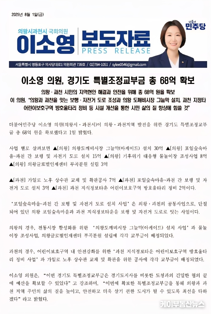 더불어민주당 이소영 국회의원(의왕·과천)이 이 중 68억 원을 ‘자신이 확보한 예산’으로 홍보하면서 도의회 내부에서 강한 반발이 터져 나왔다. (사진 - 이소영 국회의원 보도자료) / 김교민 기자