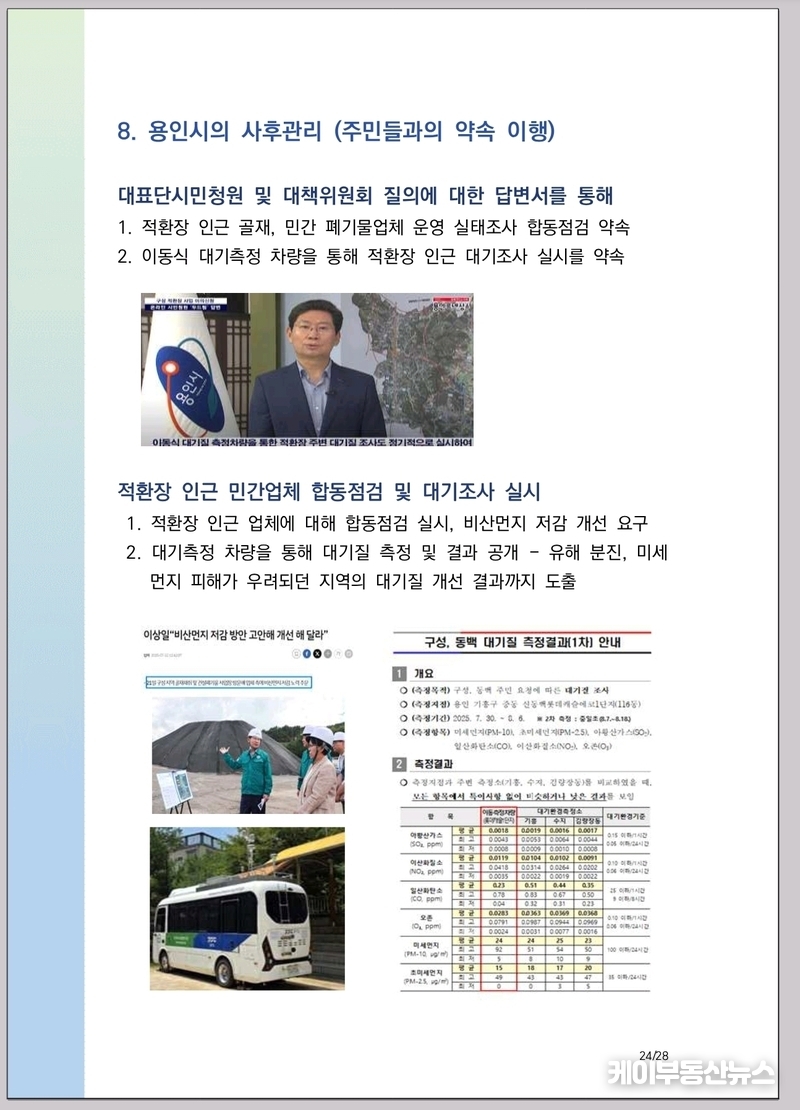이상일 용인특례시장의 정공법 소통 방식은 지역사회 갈등 해결의 새로운 모델로 주목할 만하다. 탁상에서 일방적으로 밀어붙이는 행정이 아닌, 직접 만나고 설명하며, 때로는 계획 자체를 철회하는 결단까지 내린 열린 행정이 어떤 결과를 만드는지 보여준 사례다. (사진 - ‘구성적환장 사업 주민연합 환경대책위원회 백서’ 내용 중) / 김교민 기자