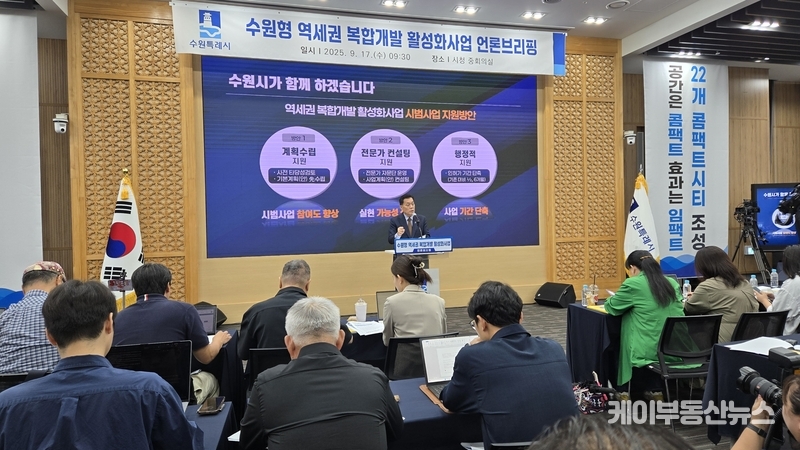 이 시장은 취임 이후 ‘경제·생활·공간 대전환’을 시정 기조로 삼아왔다. 이번 브리핑에서 그는 ▲첨단기업 21개 유치, ▲수원R&D사이언스파크·탑동 이노베이션밸리 추진, ▲경제자유구역 지정 노력 등 성과를 언급하며 “경제 대전환은 계획대로 진행 중”이라고 강조했다. / 김교민 기자 