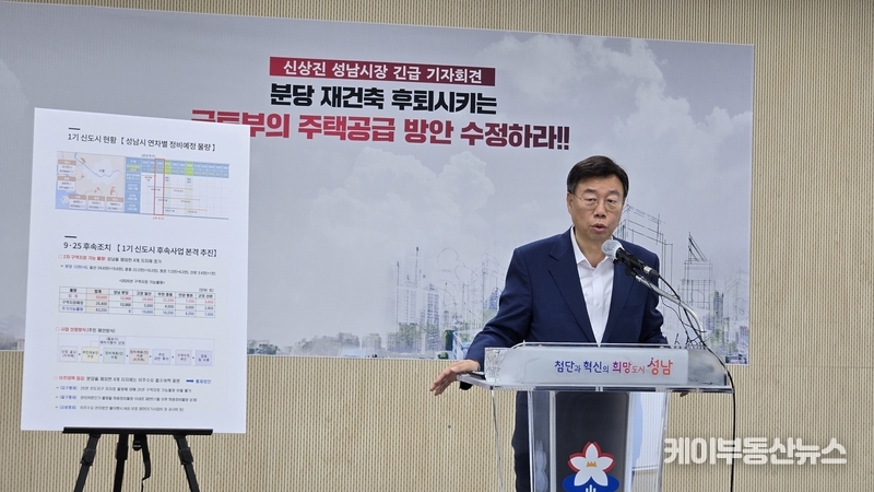 신상진 성남시장은 26일 오후 성남시청에서 열린 긴급 기자회견에서 “국토부가 법적 근거도 없이 분당의 재건축 물량을 배제하고 있다”며 “이는 정의에도 맞지 않고, 1기 신도시 주민 전체에 대한 갑질 행정”이라고 강도 높게 비판했다. / 김교민 기자