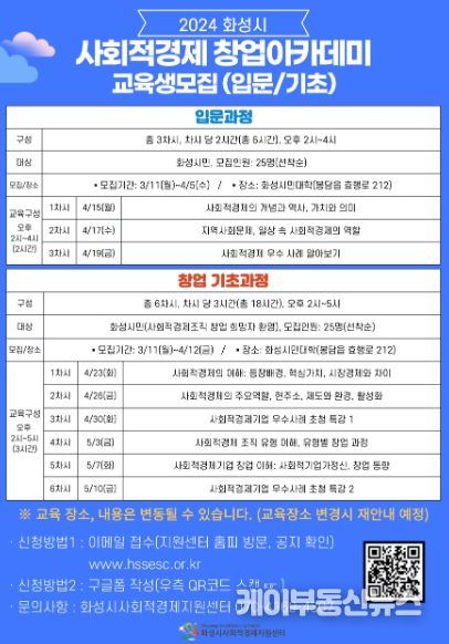 화성시2024년 상반기 사회적경제 창업아카데미 입문·기초과정 수강생 모집