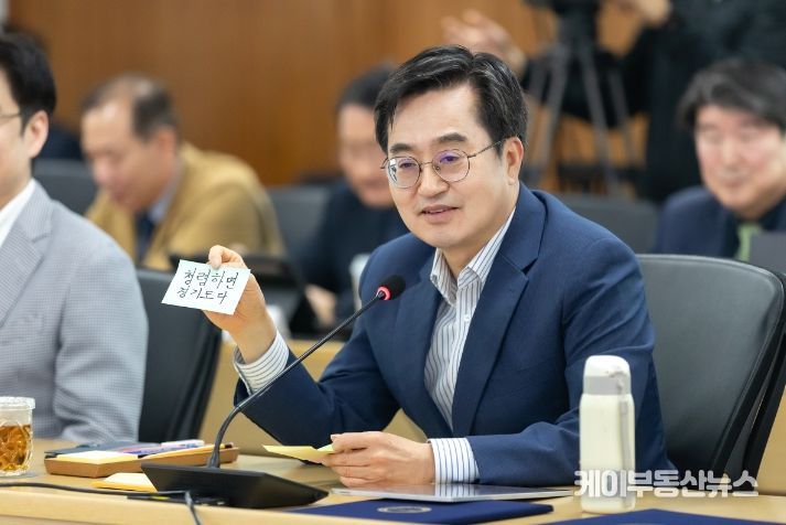 24일 오전 경기도청 율곡홀에서 열린 4월 도정 열린회의에서 김동연 경기도지사가 전 직원 대상 청렴 슬로건 공모전 입상작을 소개하고 있다.
