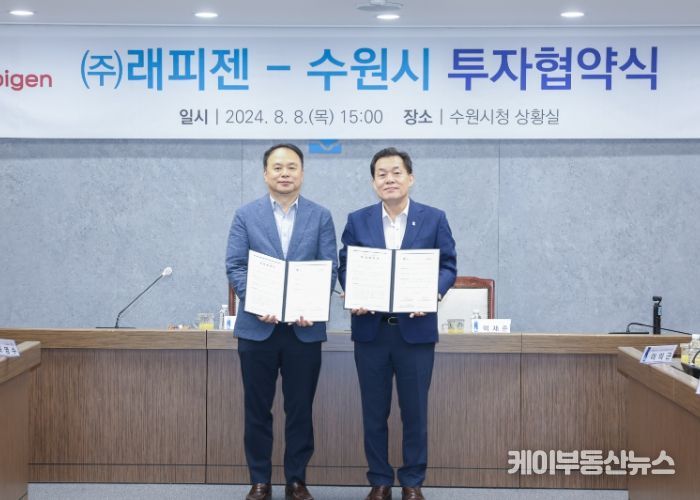 이재준 수원시장(오른쪽)과 박재구 ㈜래피젠 대표가 협약 후 함께하고 있다.