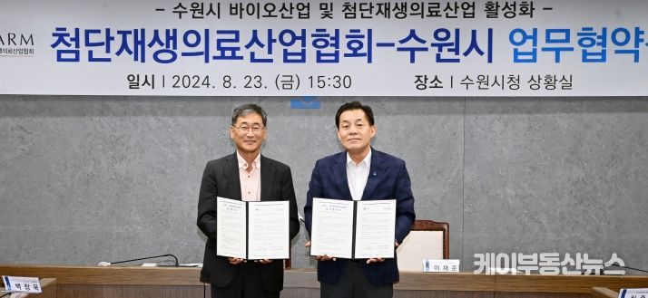 이재준 수원시장(오른쪽)과 이득주 첨단재생의료산업협회장이 협약 체결 후 함께하고 있다.