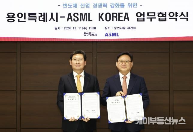 용인특례시와 ASML KOREA가 반도체 산업 경쟁력 강화를 위해 업무협약을 체결했다. 사진은 협약서에 서명한 이상일 특례시장(왼쪽)과 최한종 ASML KOREA 대표이사(오른쪽)