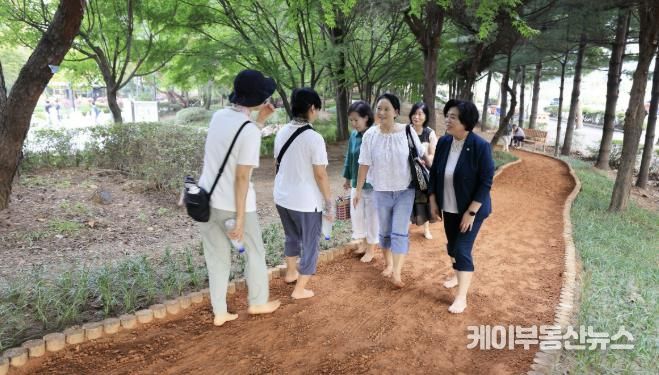 과천시가 지난해 추진한 '에어드리공원 환경조성사업'으로 조성된 황톳길에서 신계용 과천시장과 시민들이 걷고 있는 모습