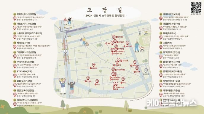 성남시 ‘소규모 점포 창업 청년 지원사업’으로 영업 중인 도담길 점포 20개 표시 지도