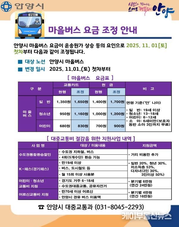 안양시, 내달 1일부터 마을버스 요금 ‘일반 1,650원’으로 인상