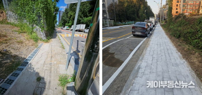 용인특례시 모현읍이 외대로 25번길 보행환경을 개선했다. 사진은 개선전(왼쪽)과 개선후(오른쪽) 모습