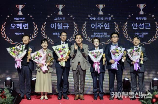 이재준 수원시장(가운데)과 수원시 문화상 수상자들이 함께하고 있다. 이주현 온시민 매여울자원봉사센터 대표(오른쪽부터) 안성근 수원시 검도회 회장, 최윤정 중부일보 대표이사, 이재준 시장, 이철규 효동초등학교 교장, 오혜련 서양화가, 김경환 성균관대학교 글로벌창업대학원 원장.