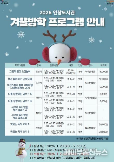 겨울방학이 더 즐거워진다! 구리시 도서관, 풍성한 겨울방학 특강 운영