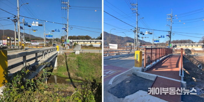용인특례시 처인구가 백암면 장평교 인도교를 설치했다. 사진은 설치 전(왼쪽)과 설치 후(오른쪽) 모습