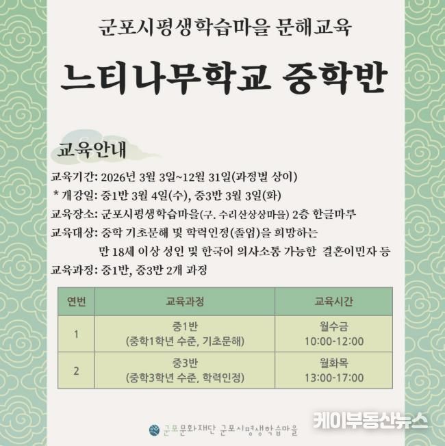 군포문화재단, 2026학년도 문해교육 느티나무학교 개강