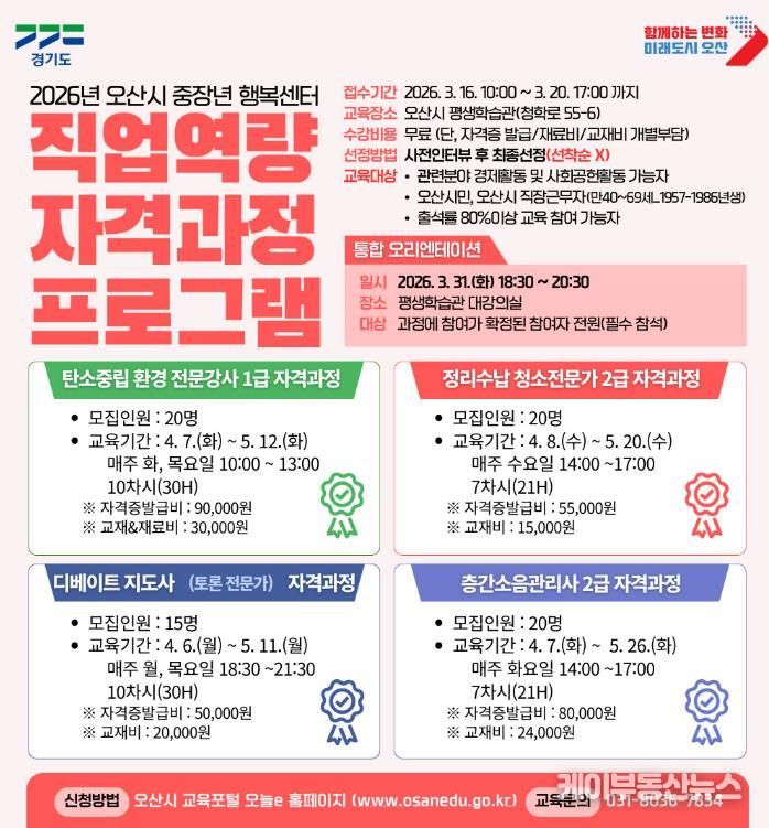 오산시, ‘중장년 행복센터 직업역량 자격과정’ 수강생 모집