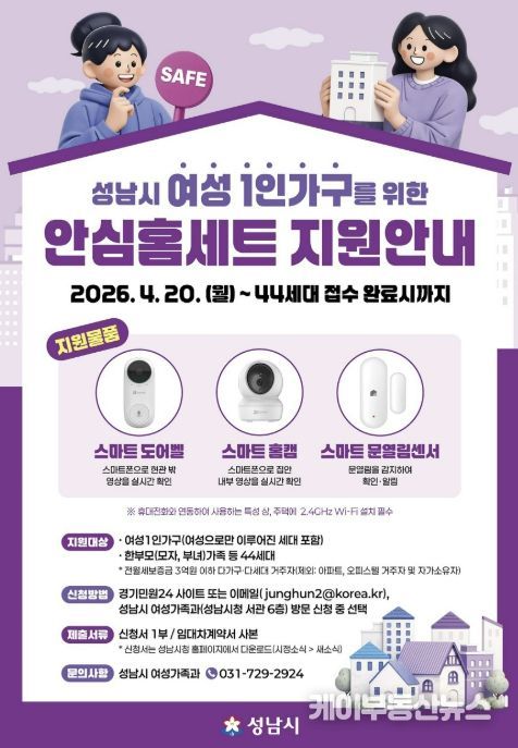 성남시, 여성 1인 가구 안심 홈세트 3종 지원 안내 포스터